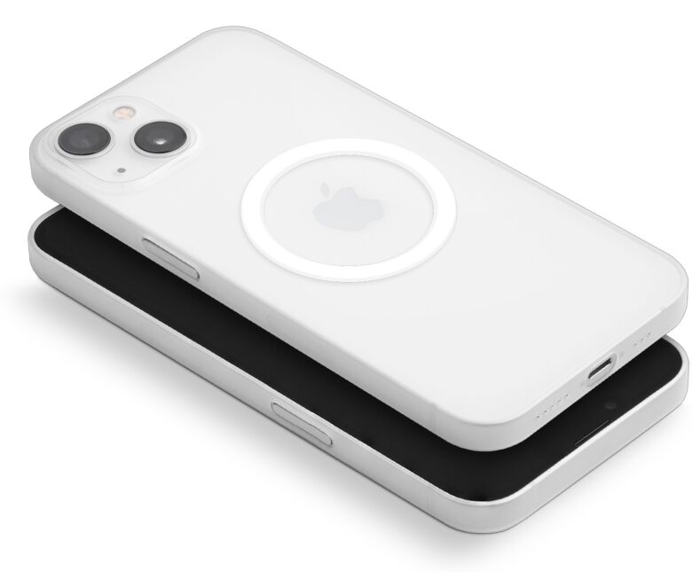 The thin and light MagSafe case comes in solid black or frosted clear (shown in photo) colors.