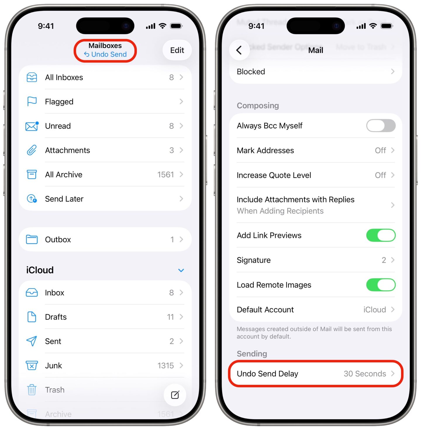 Tapping the Undo Send button in Mail