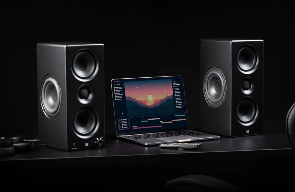 The Monolith MTM 100s are shown here with a MacBook Pro.