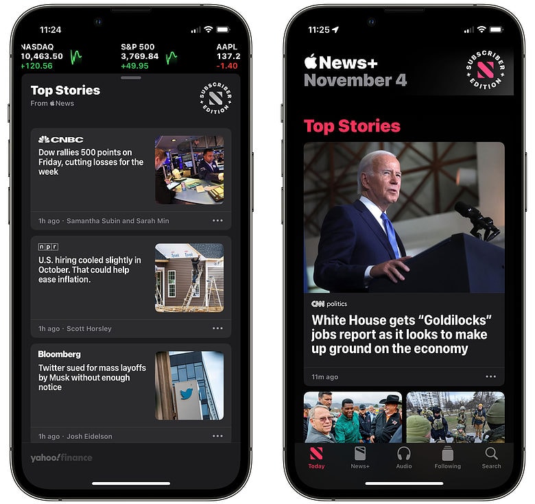 Apple News content appears in the Stocks app.