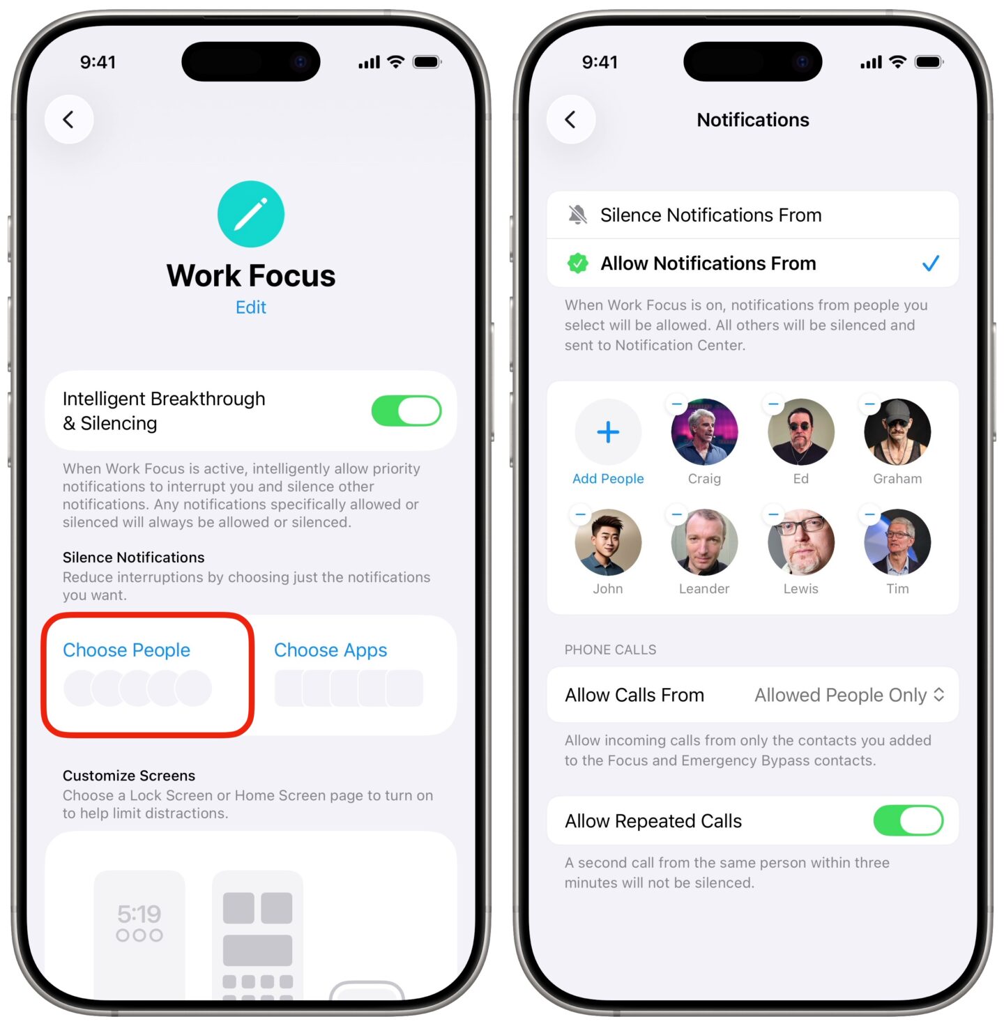 Choose People in a Focus Mode Choosing people to allow in your Focus