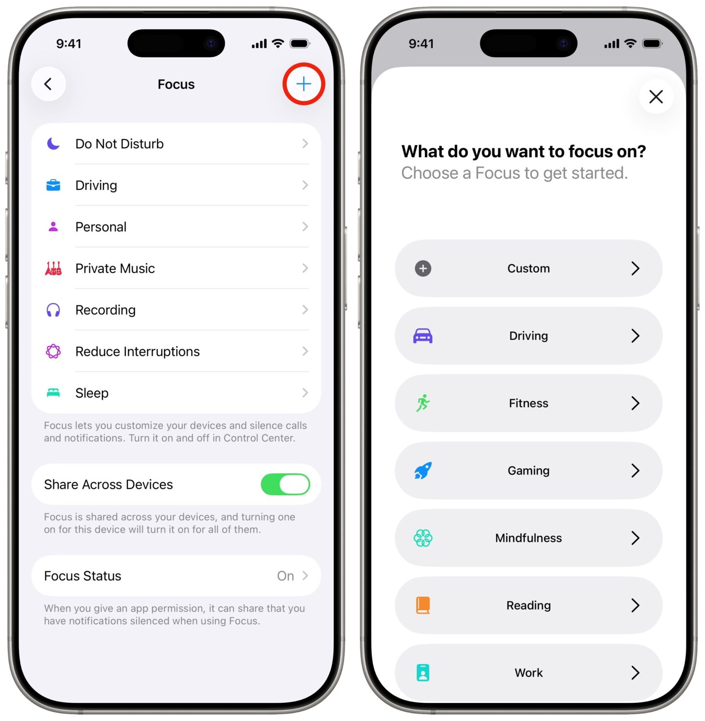 Create Focus Creating a new Focus mode in Settings