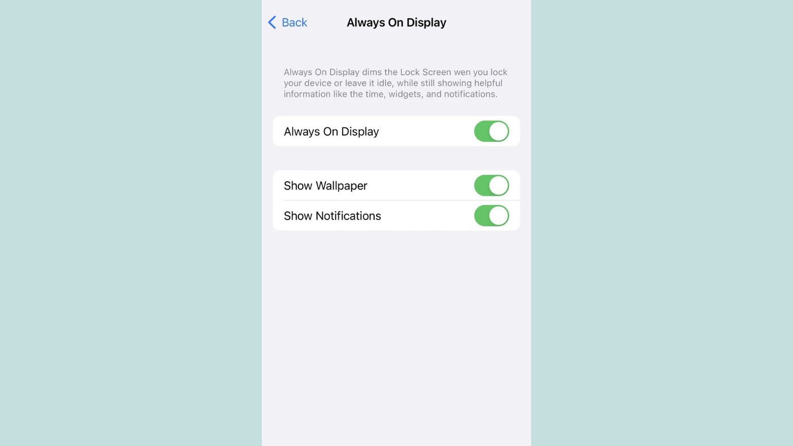Always on Display customization options in iOS 16.2.