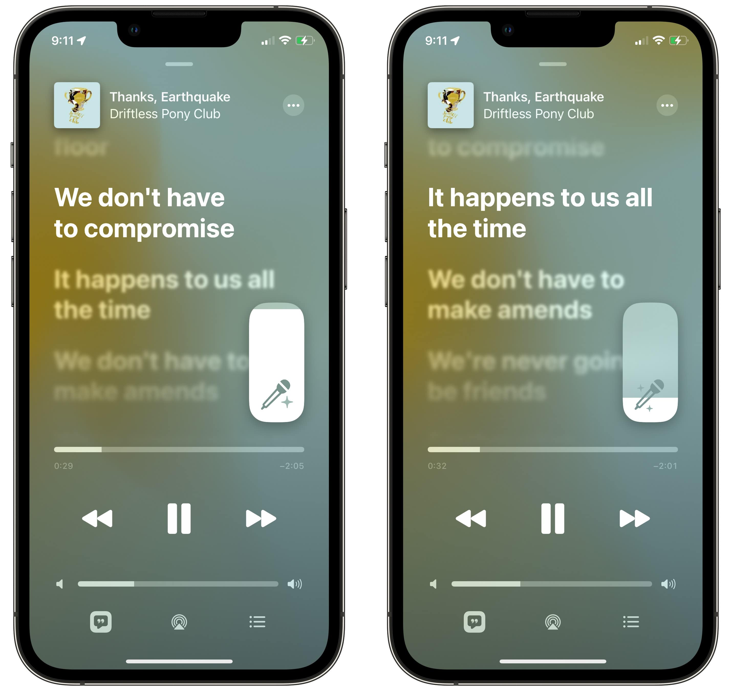 Turning up and down the lyrics on a song in Apple Music Sing: Slide up and down on the microphone icon to adjust the volume of the lyrics.