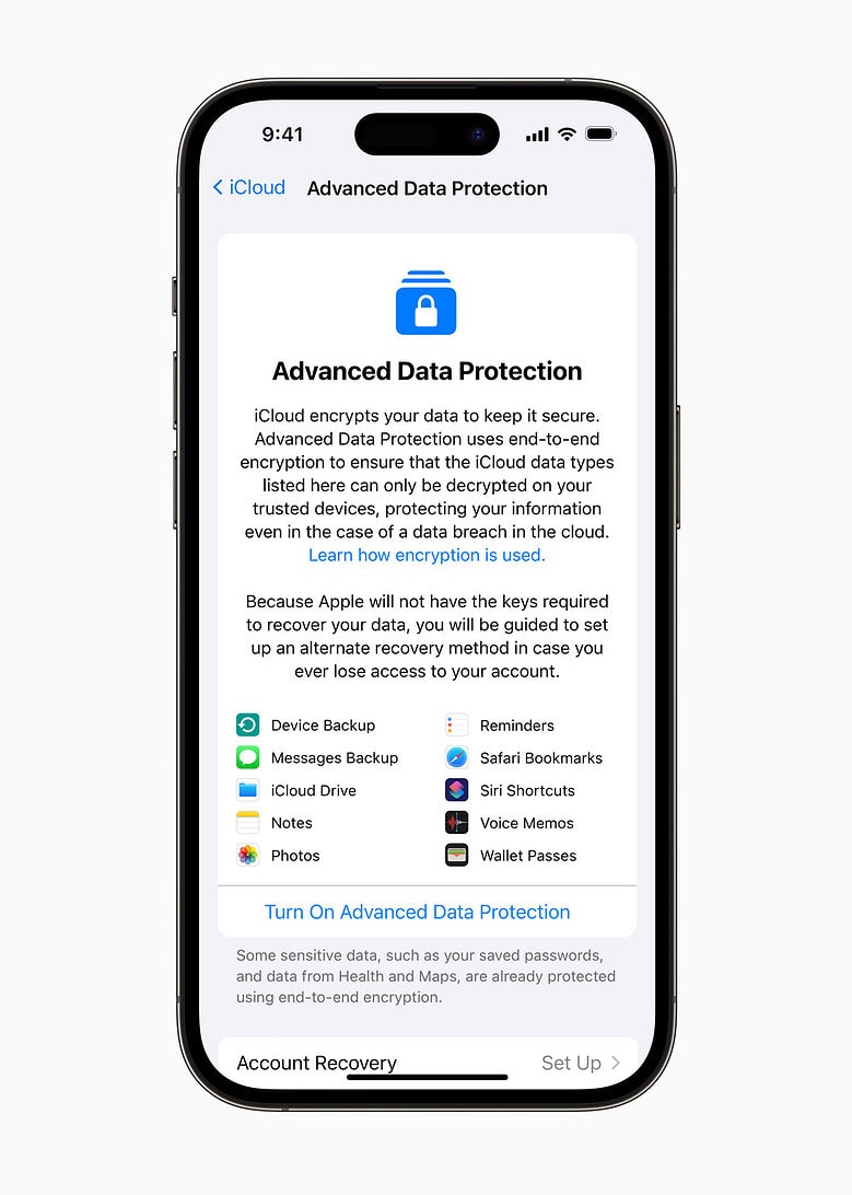 Advanced Data Protection for iCloud uses end-to-end encryption.