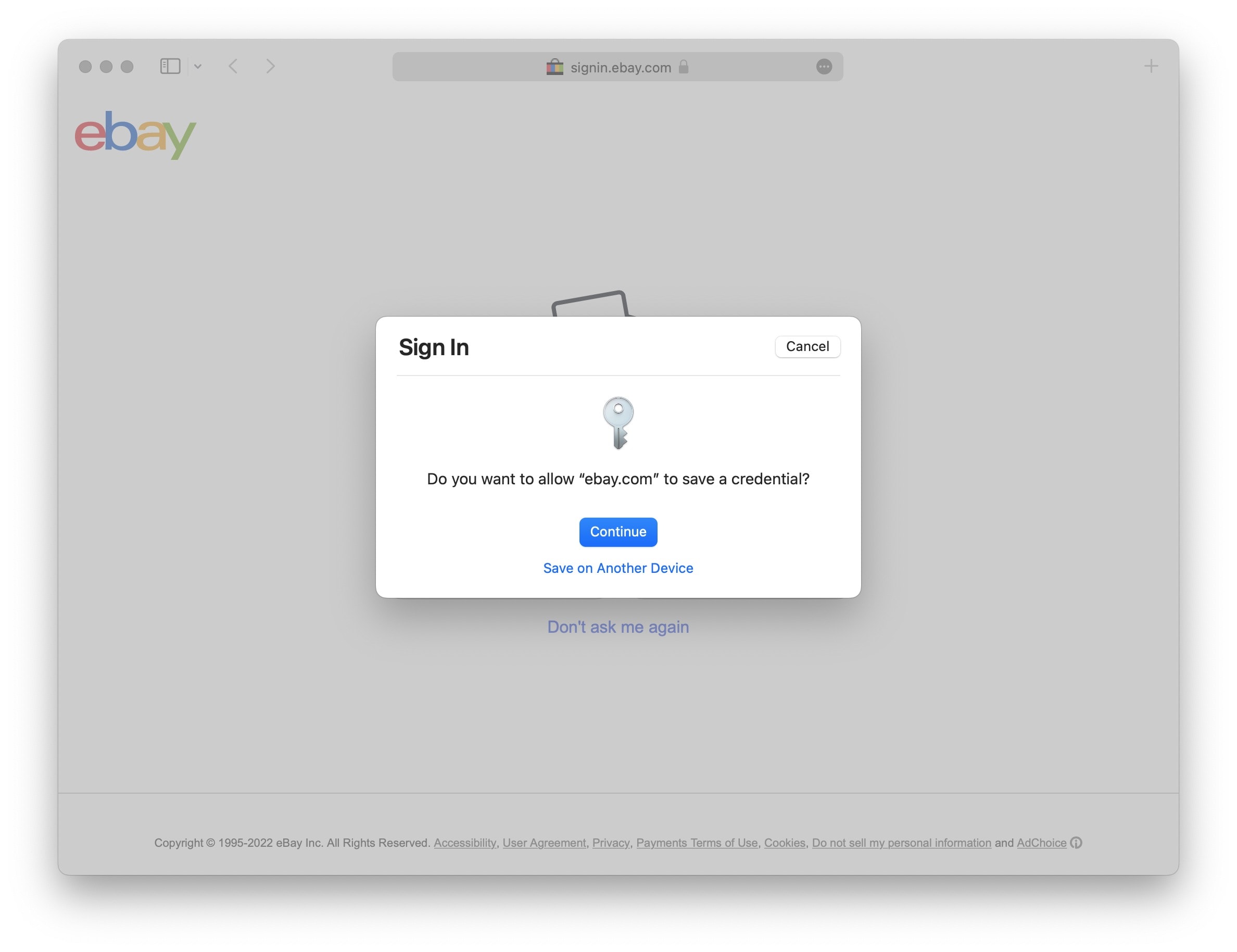 Mac popup that says “Do you want to allow ‘ebay.com’ to save a credential?” with a “Continue” button.