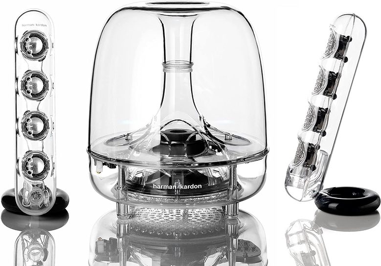 Here's a better look at Harman Kardon SoundSticks III, a clear speaker system with a subwoofer and two thin satellites.