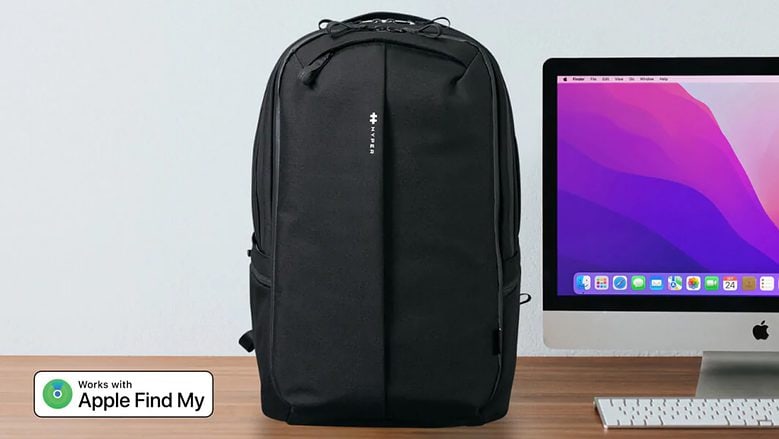 Securely carry your gear in stylish backpack with built-in AirTag tracking