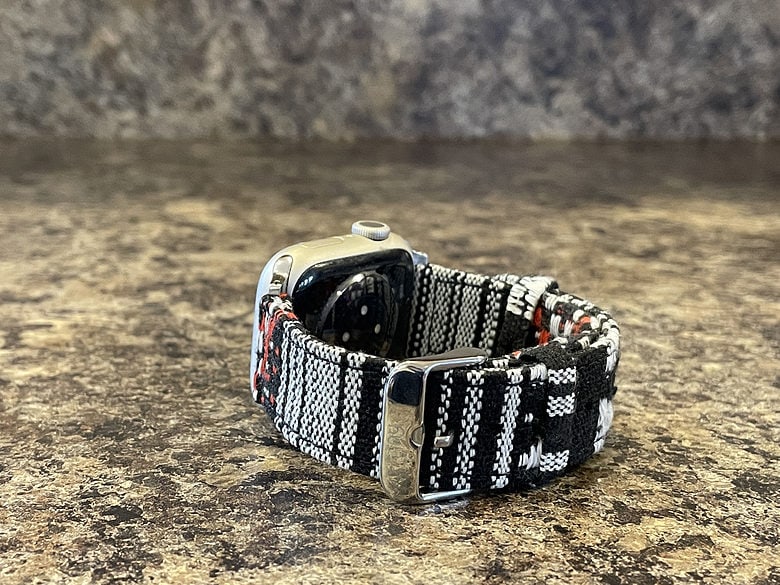 Silver aluminum Apple Watch Series 7 with the black, white and red Stark Nyloon band: Every Nyloon Stark band looks a little different.