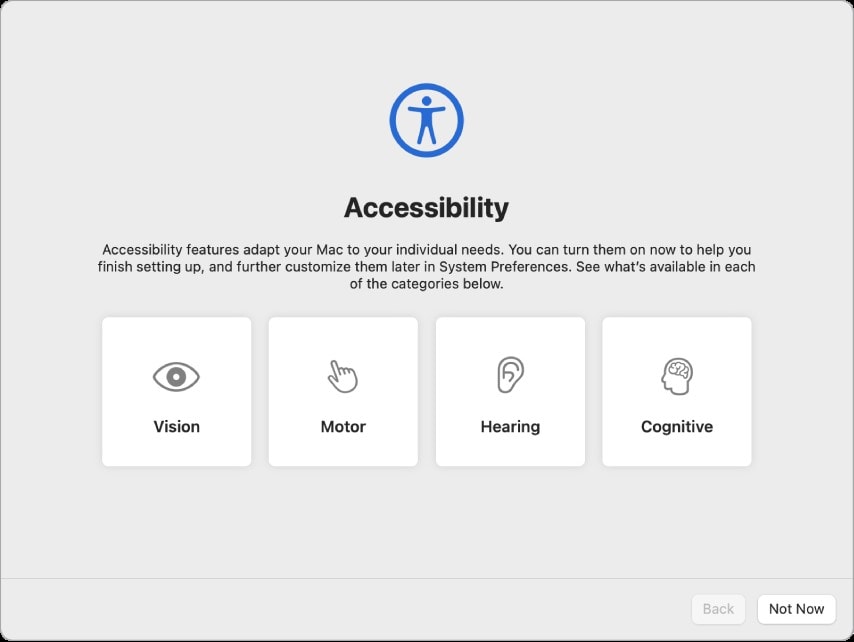 Accessibility settings on the Mac Setup Assistant