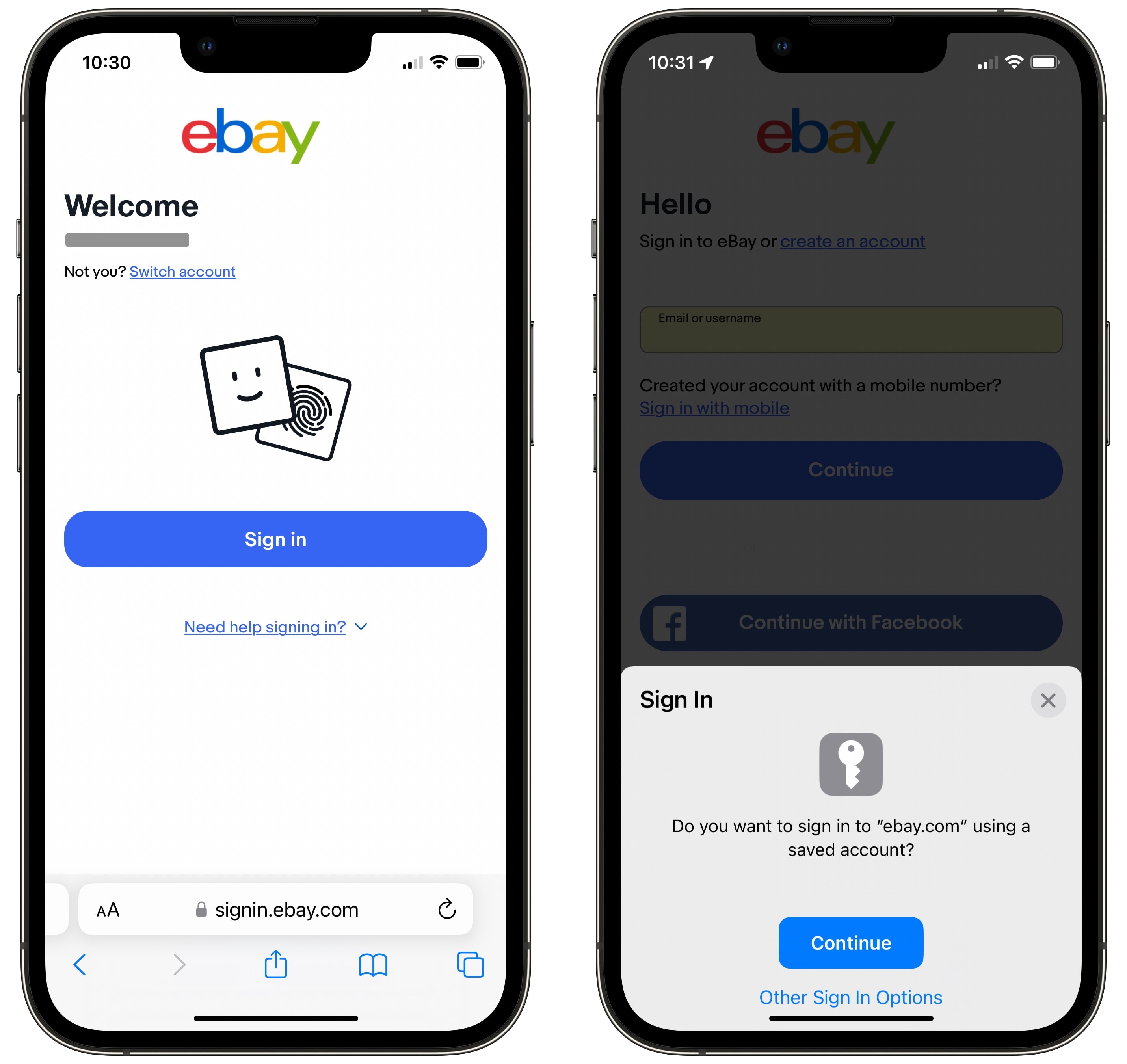 iPhone system popup that says “Do you want to sign in to ‘ebay.com’ using a saved account?” with a “Continue” button
