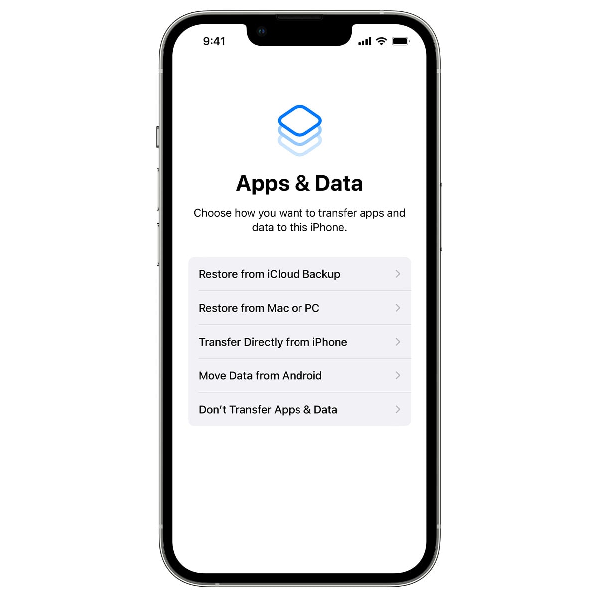 Menu that says "Choose how you want to transfer apps and data to this iPhone" with options "Restore from iCloud Backup," "Restore from Mac or PC," "Transfer directly from iPhone," "Move Data from Android" and "Don't Transfer Apps & Data"