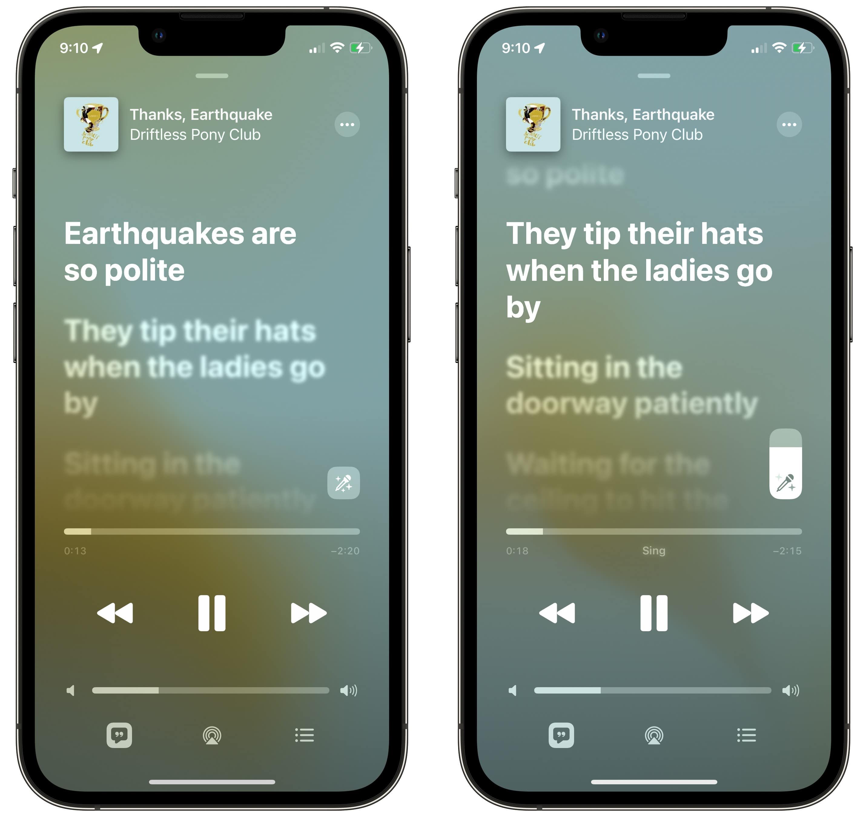 How to use Apple Music Sing (example playing “Thanks, Earthquake” by Driftless Pony Club): Tap the Lyrics button in the bottom left and tap the Microphone button to the right (if available).