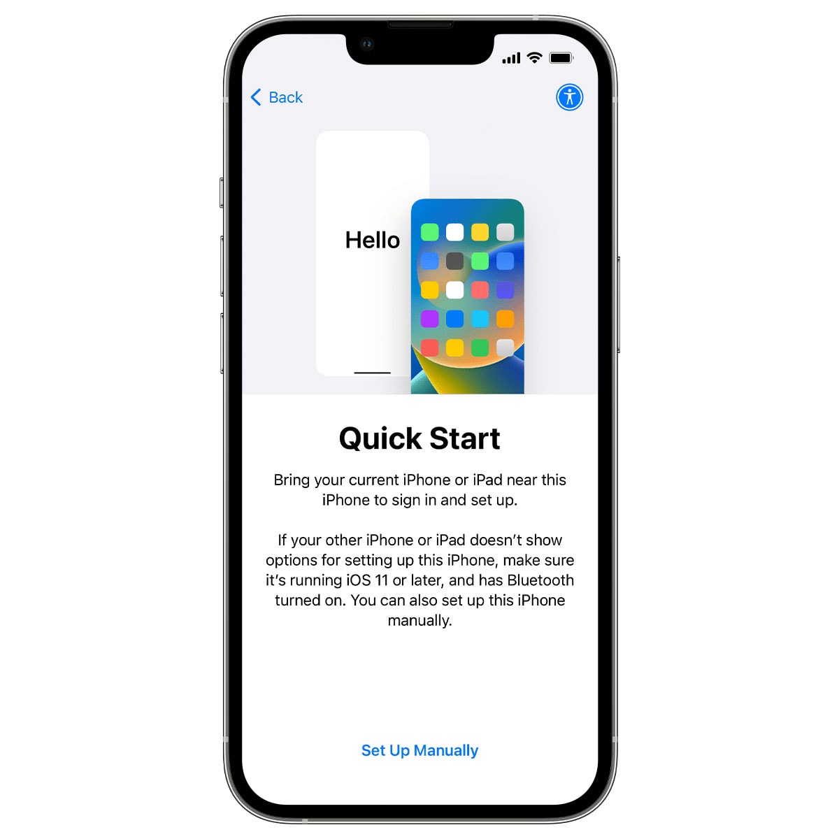 iPhone showing "Quick Start: Bring your current iPhone or iPad near this iPhone to sign in and get set up." with a button that says "Set Up Manually"