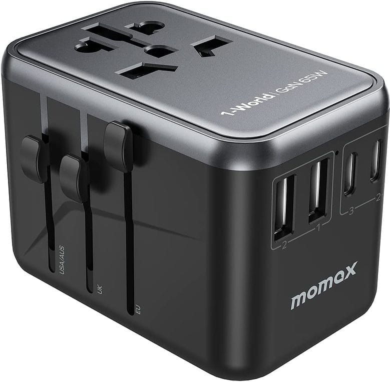 Momax 65W GaN Universal Travel Adapter, with sliders that let you pick the perfect prongs for whatever country you're in, and four ports (two USB-C and two USB-A).