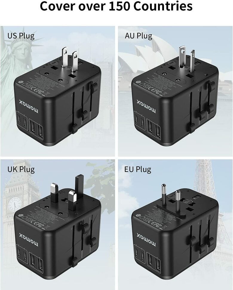 Momax 65W GaN Universal Travel Adapter shown with its four built-in adapters that work in more than 150 countries.