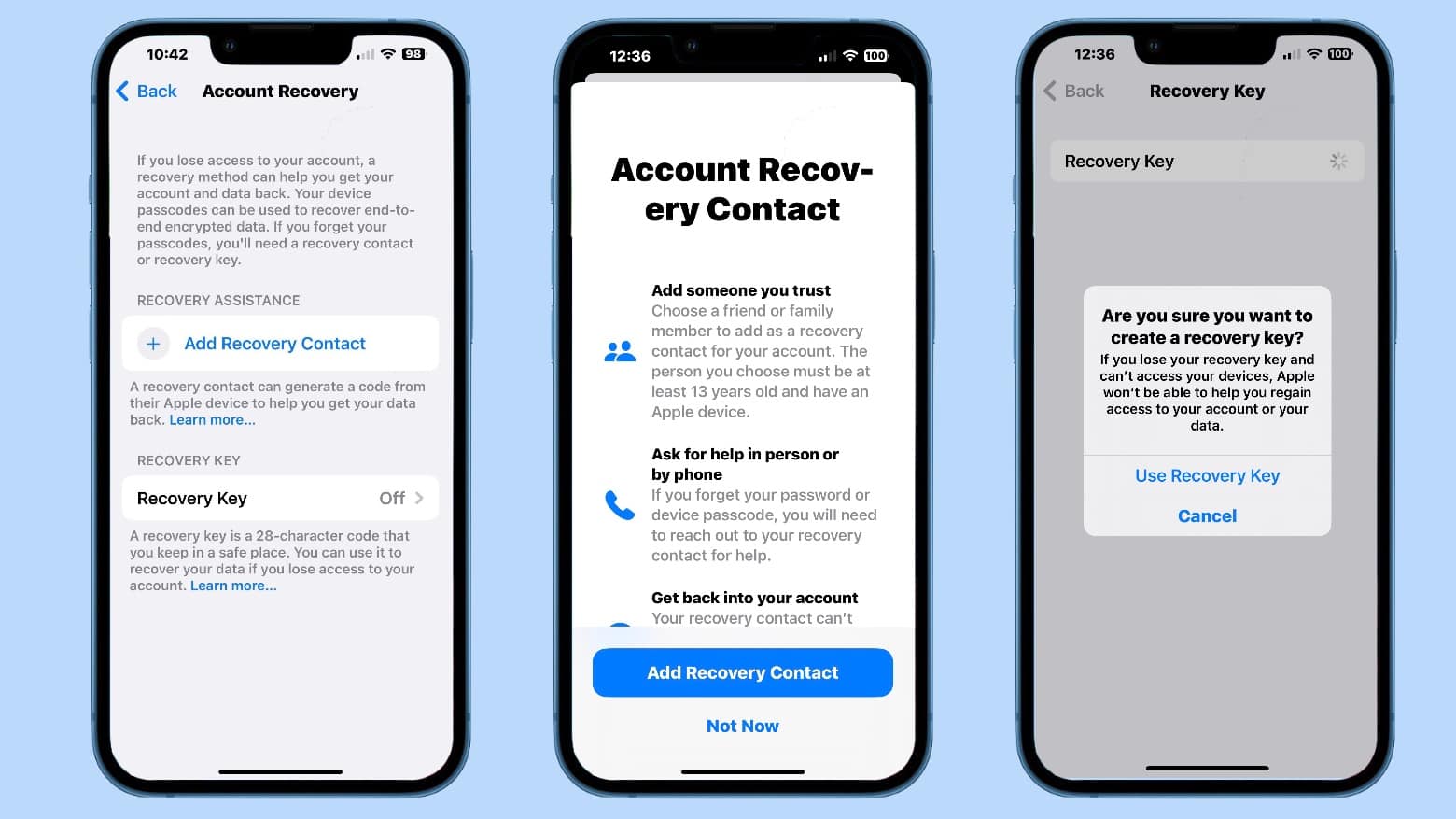 An iPhone screenshot of the Settings app showing Advanced Data Protection for iCloud recovery options: Your options when using Advanced Data Protection for iCloud are to name a recovery contact or create a recovery key.