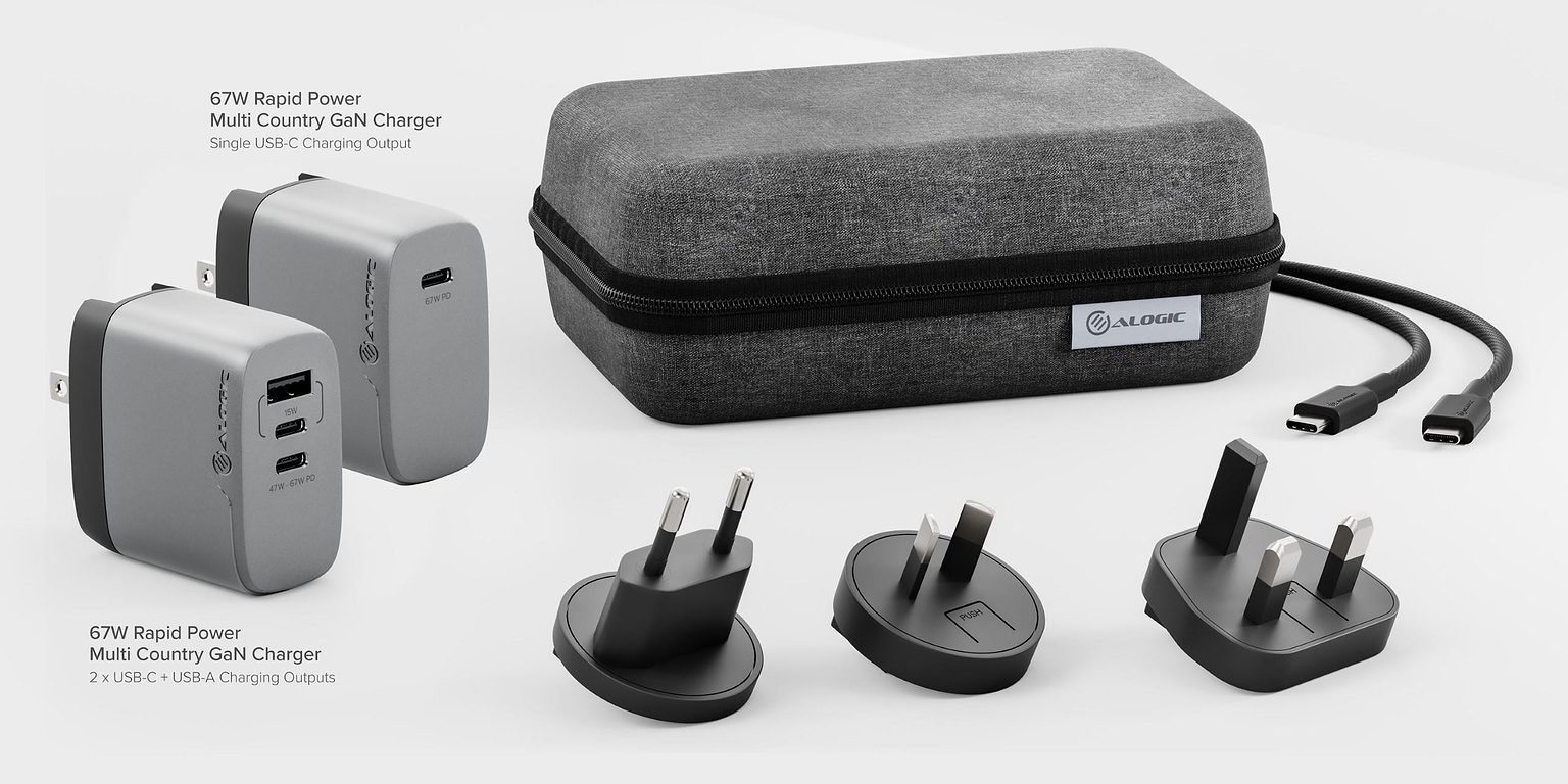 Alogic's new 67W wall chargers come with plugs that work in many countries.