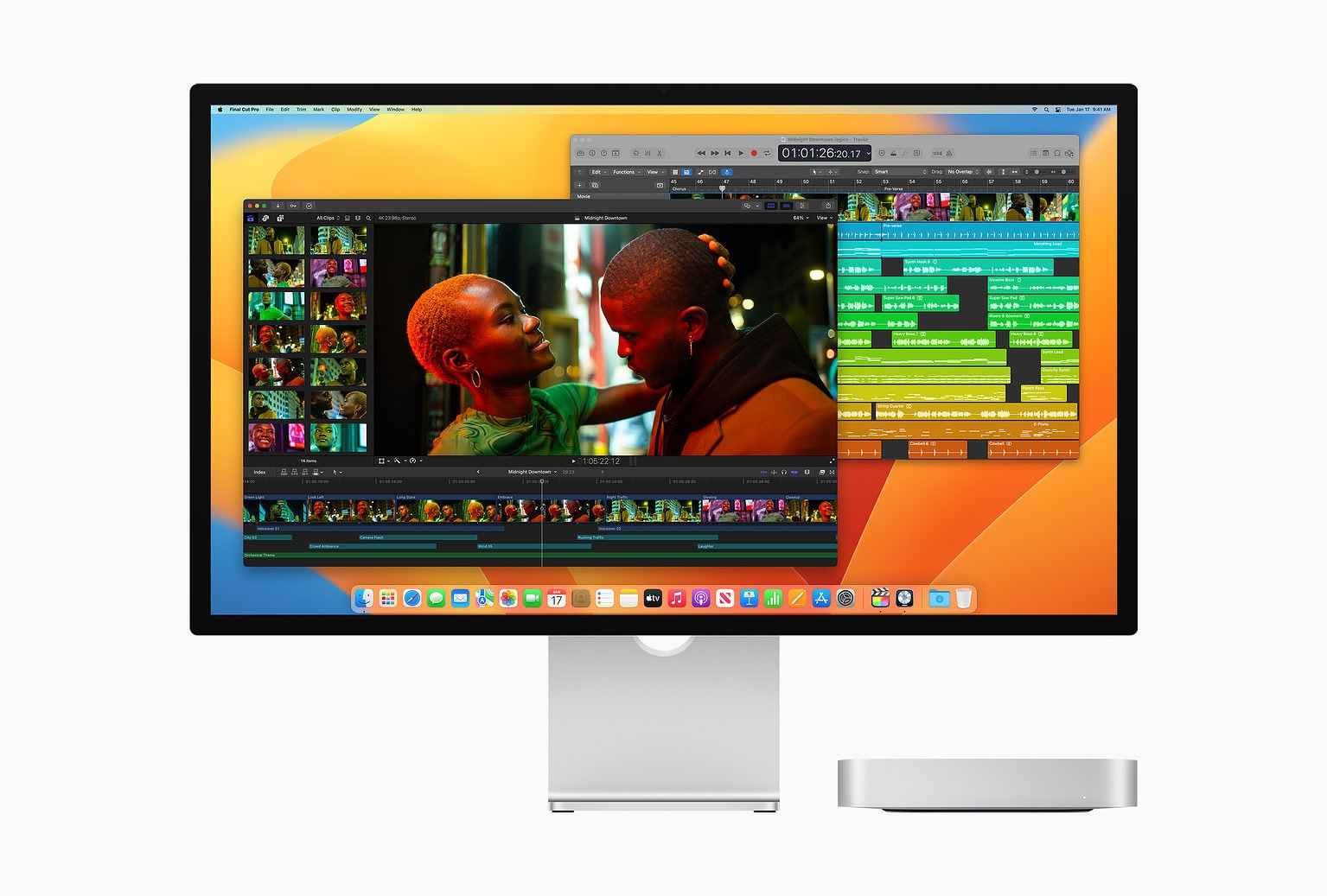 Mac Mini with Studio Display editing video in Final Cut and editing audio in Logic Pro.
