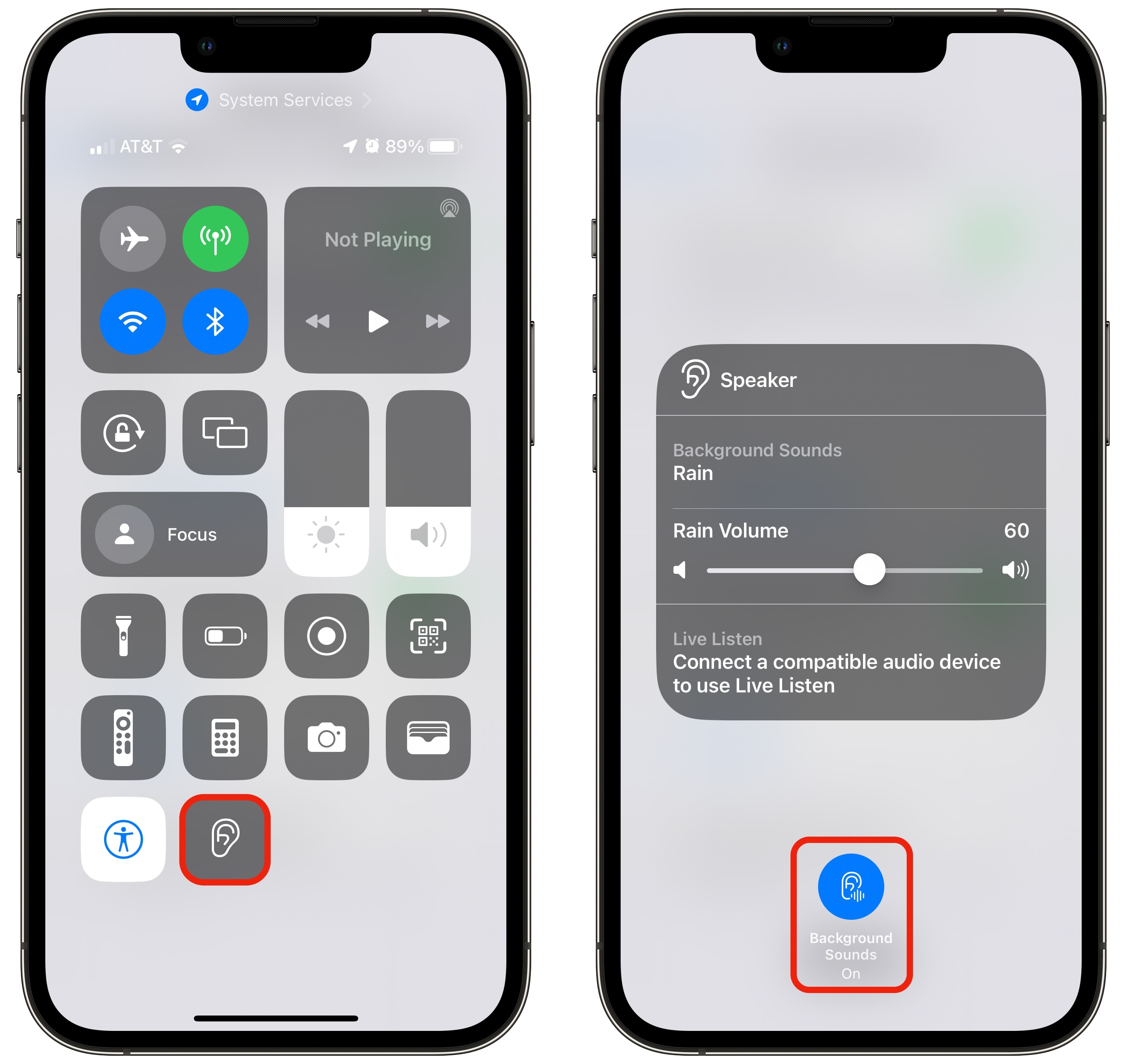 Turning on Background Sounds in Control Center.