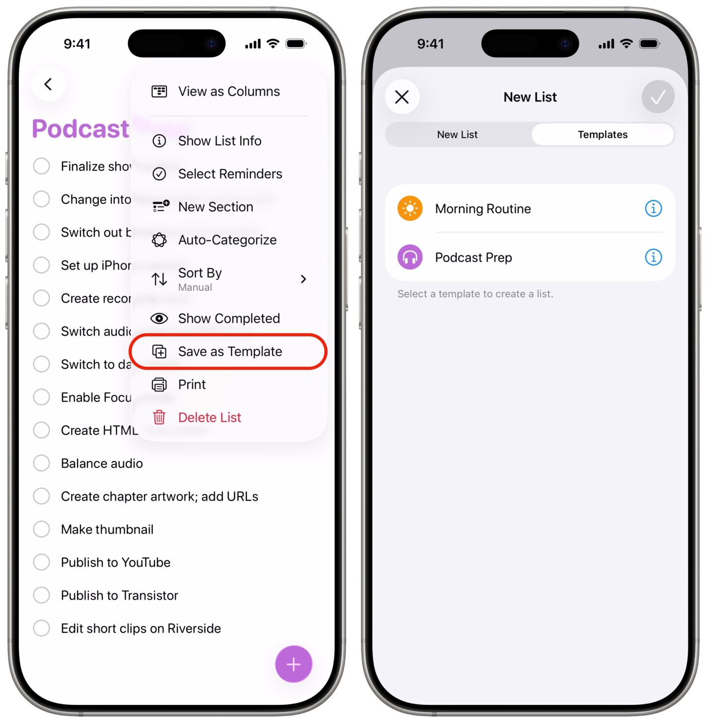 Saving a list as a template