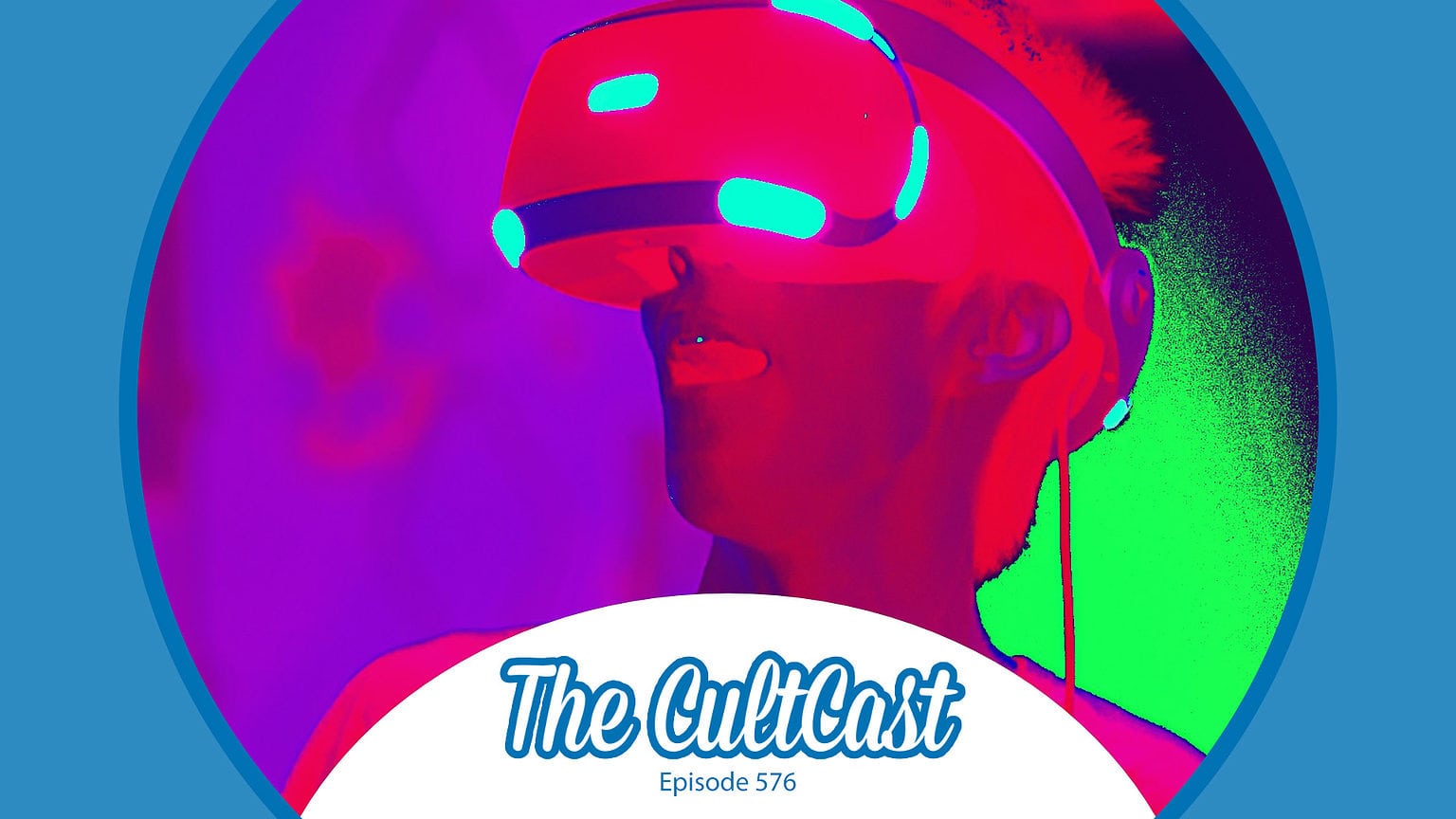 A manipulated image of a person wearing a virtual reality headset, used to illustrate the contents of The CultCast, our weekly Apple podcast.