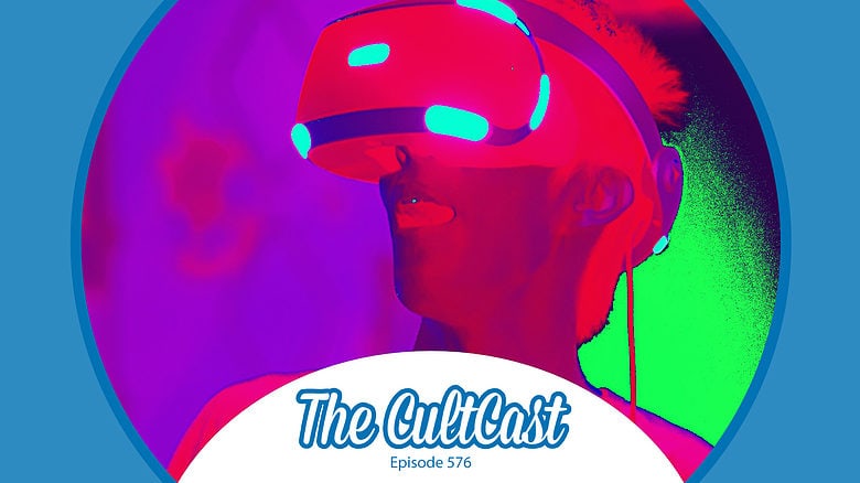 A manipulated image of a person wearing a virtual reality headset, used to illustrate the contents of The CultCast, our weekly Apple podcast.