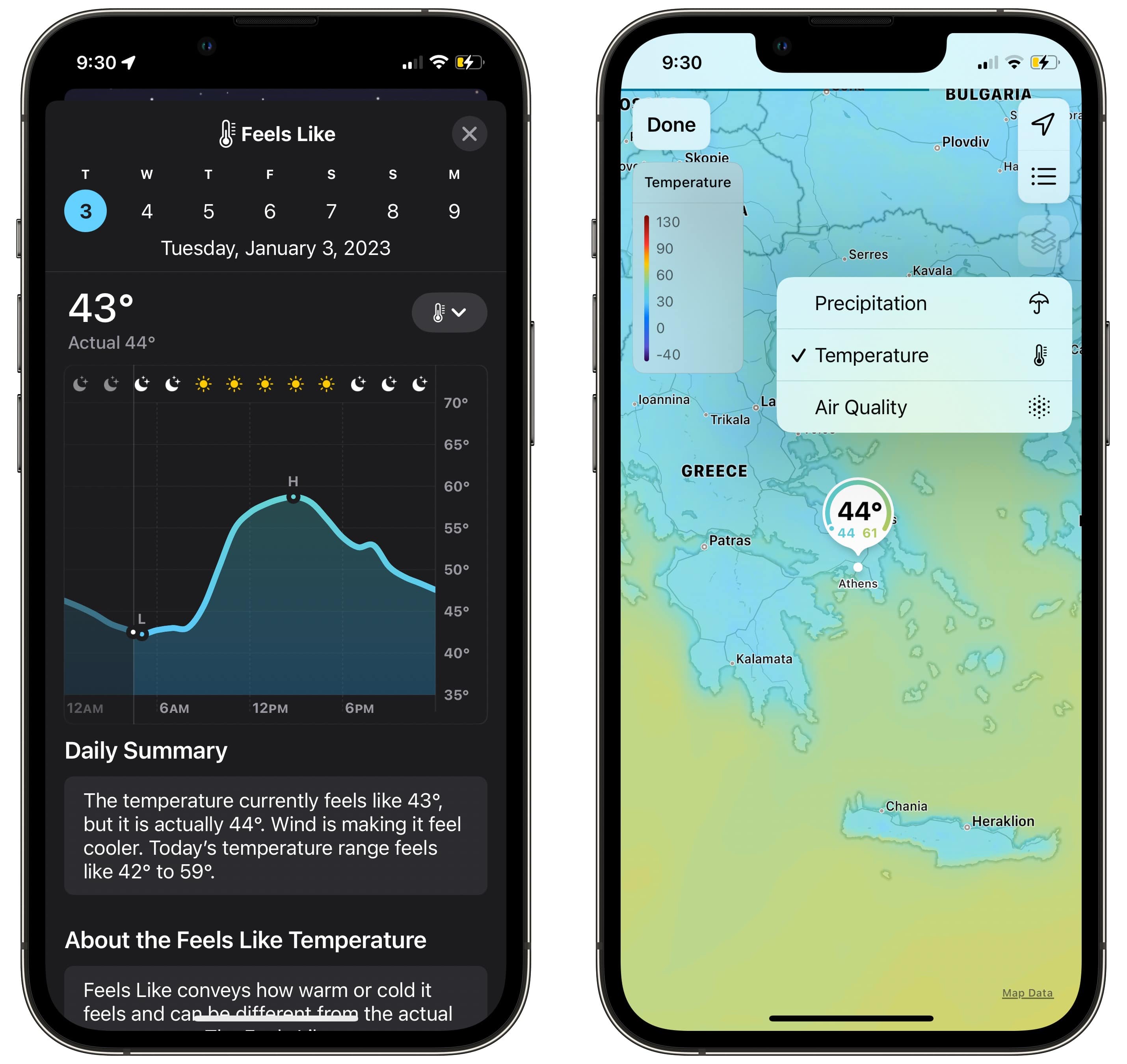 Various graphs and radar maps in Apple Weather