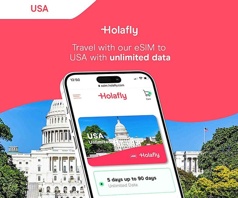 An iPhone with the Holafly website and the U.S. Capitol in the background and the phrase, "Travel with our eSIM to USA with unlimited data."