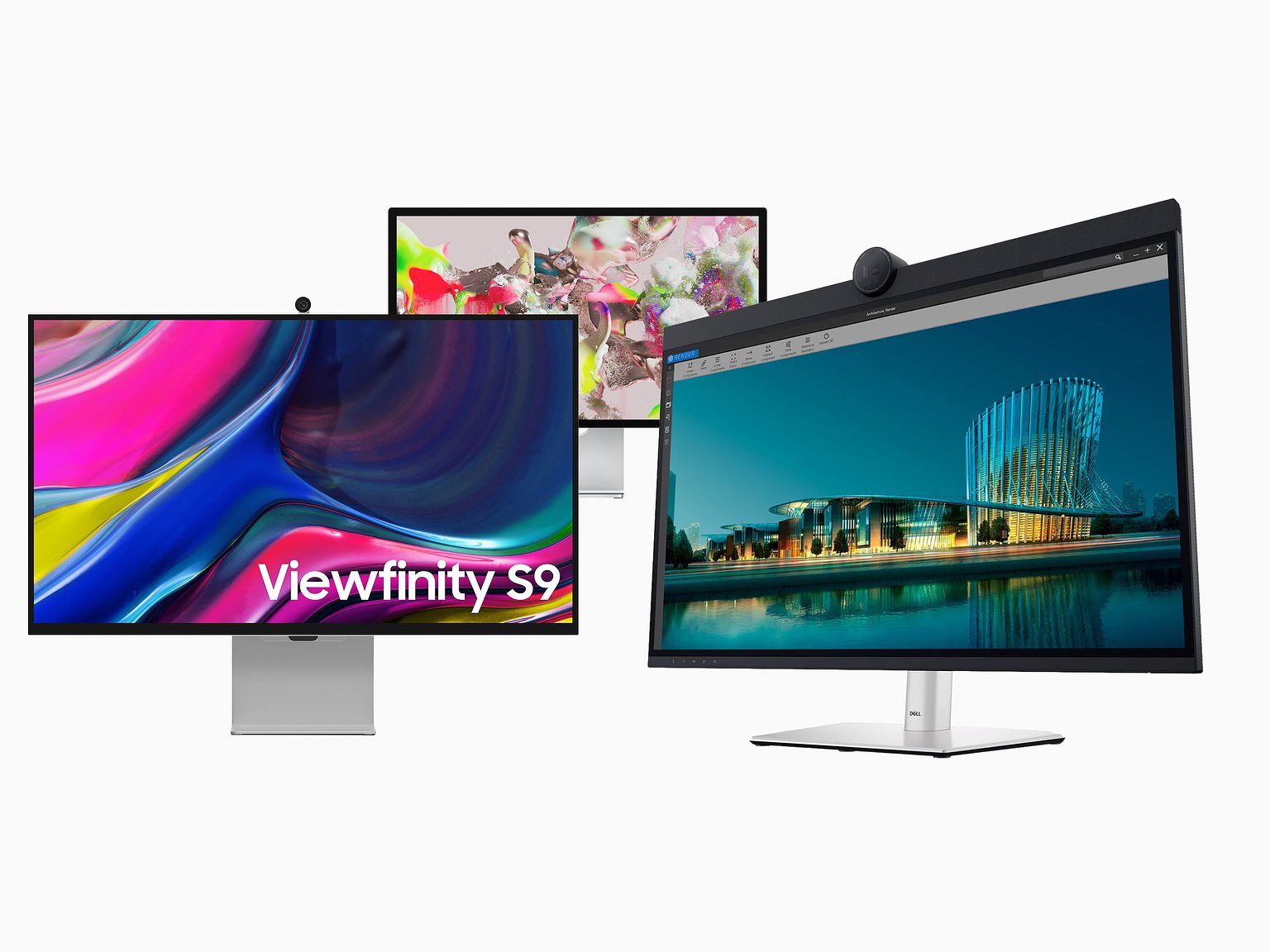 Left to right: The Samsung ViewFinity S9, Apple Studio Display and Dell UltraSharp 32.