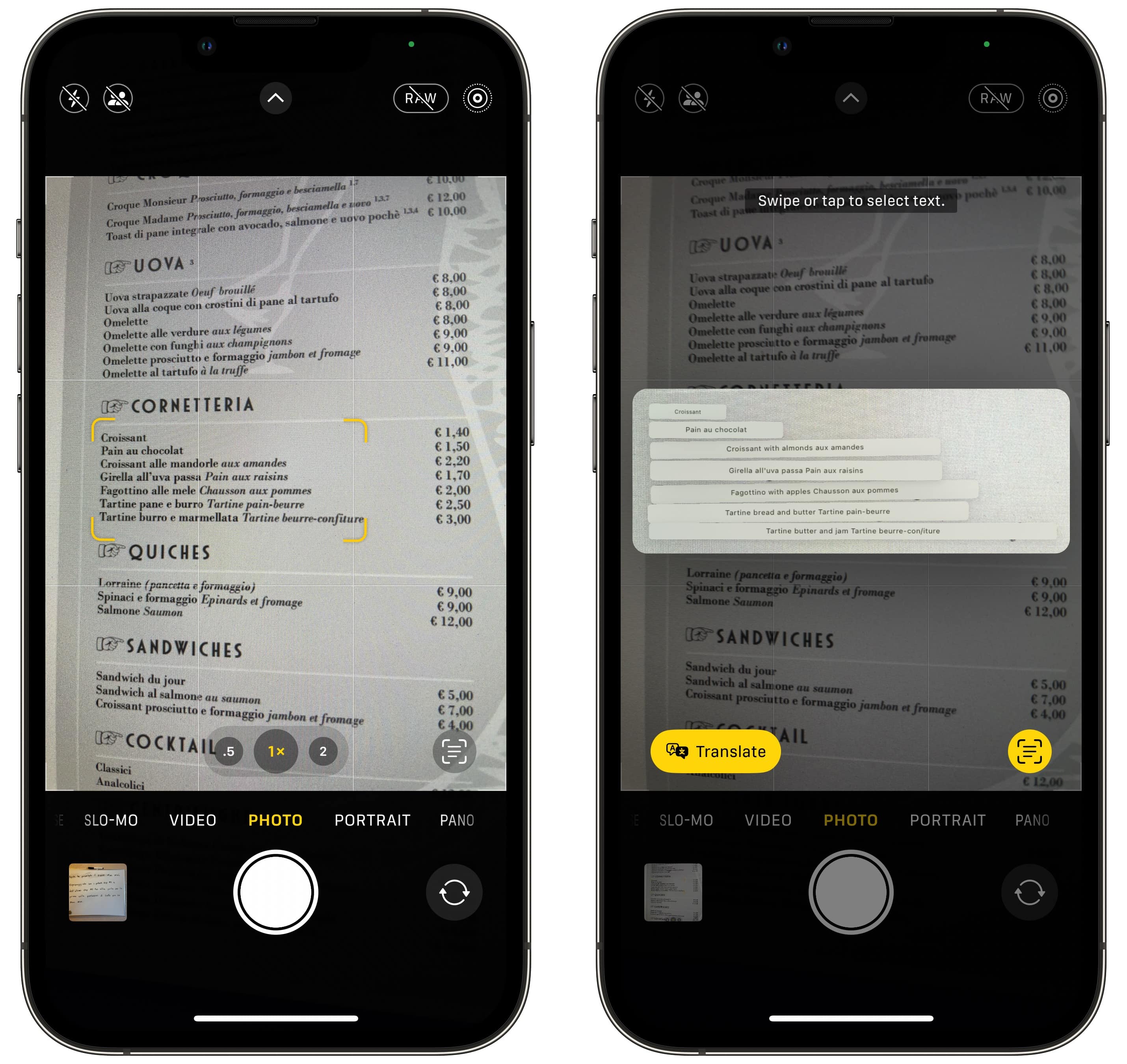 Translating a menu from the iPhone camera app