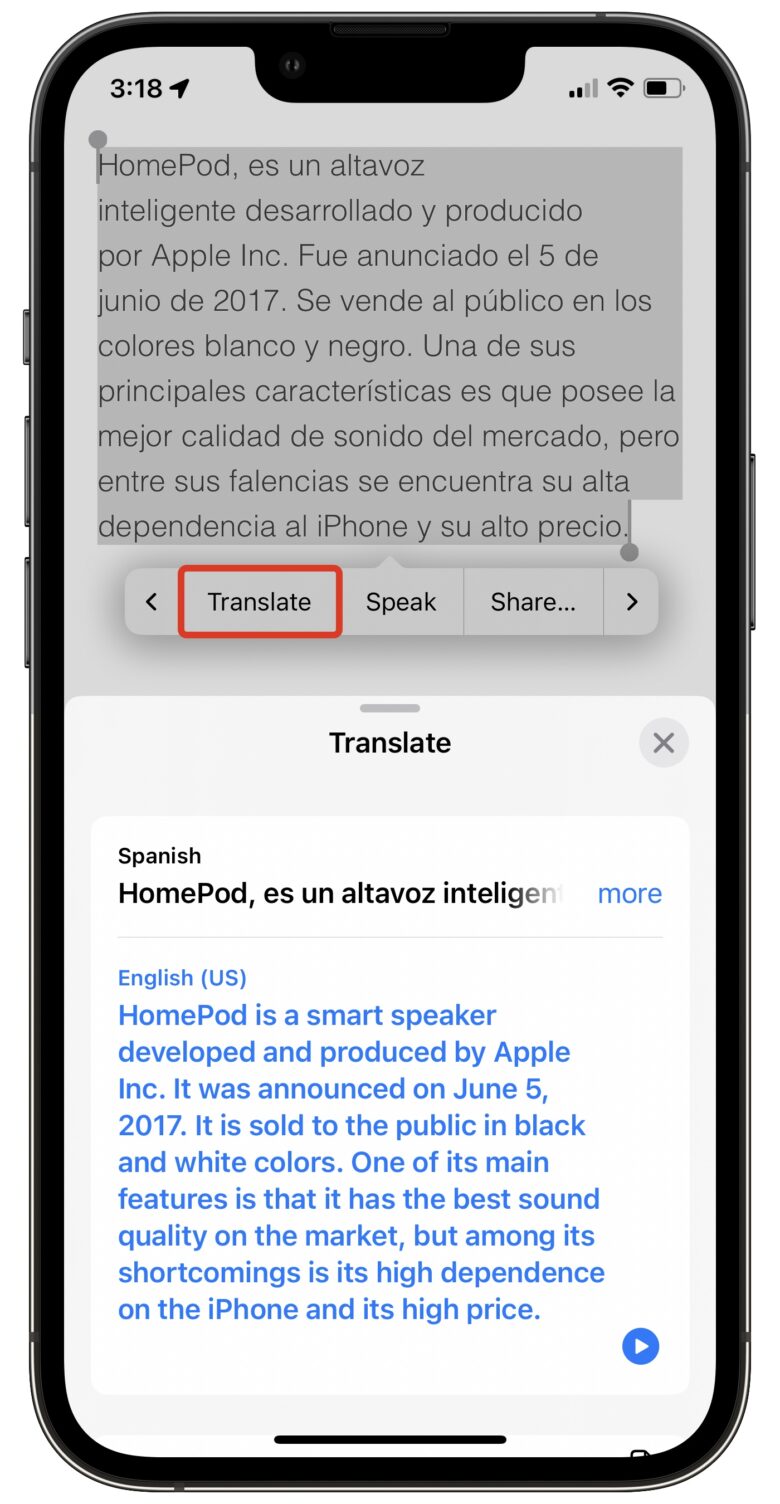 Translating text in Safari.