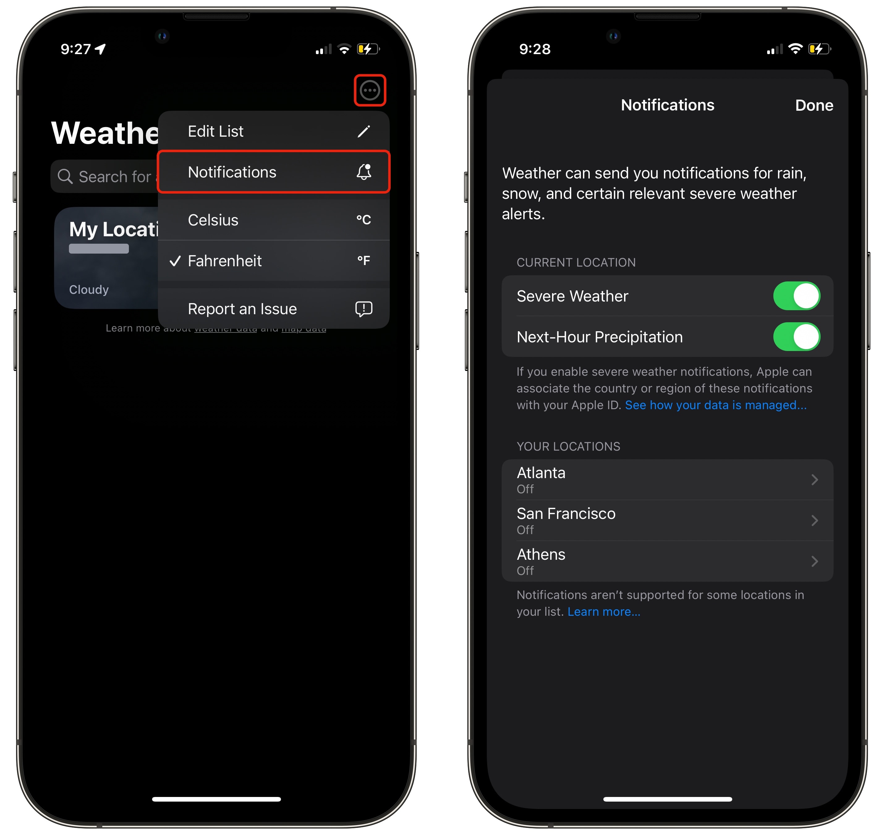 Setting up notifications in the Apple Weather app