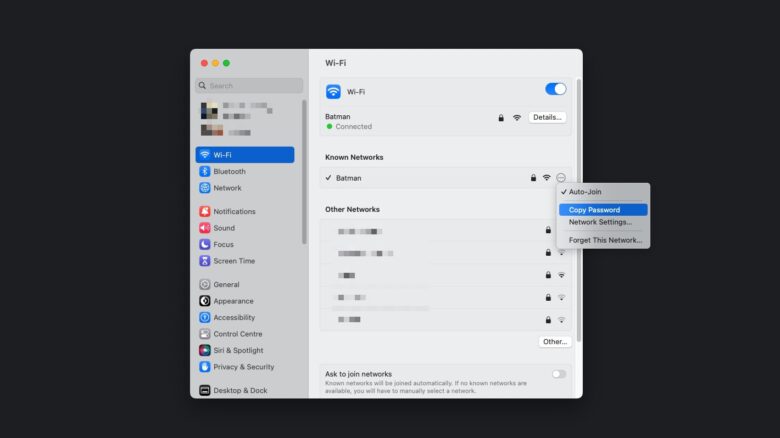 Wi-Fi Settings menu in macOS Ventura