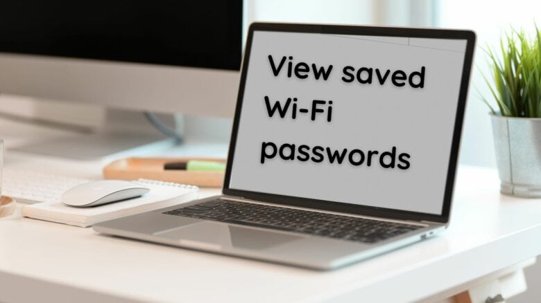 MacBook render with "View saved Wi-Fi passwords" written on screen