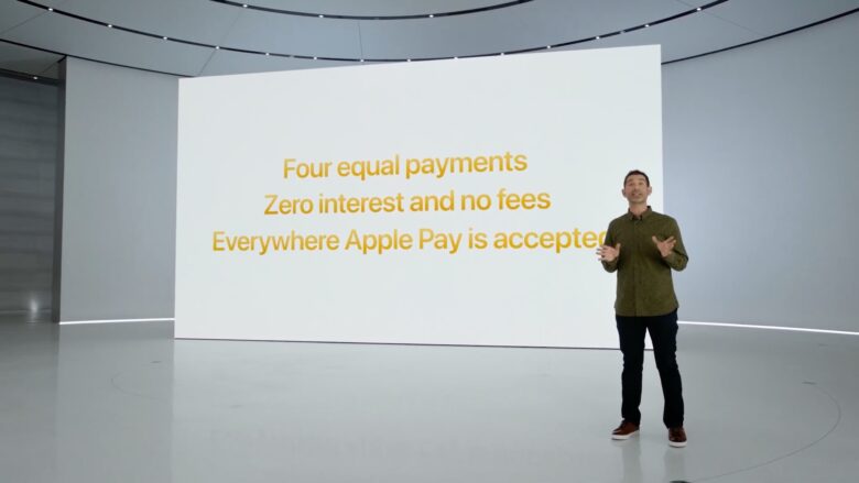 WWDC keynote slide: Four equal payments, Zero interest and no feed, Everywhere Apple Pay is accepted
