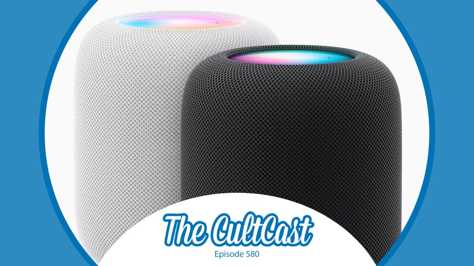 Two HomePods and the logo for 