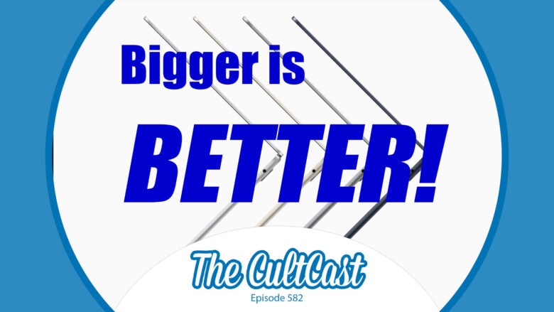 "Bigger is Better!" slogan on a CultCast title card for Cult of Mac's weekly Apple podcast.