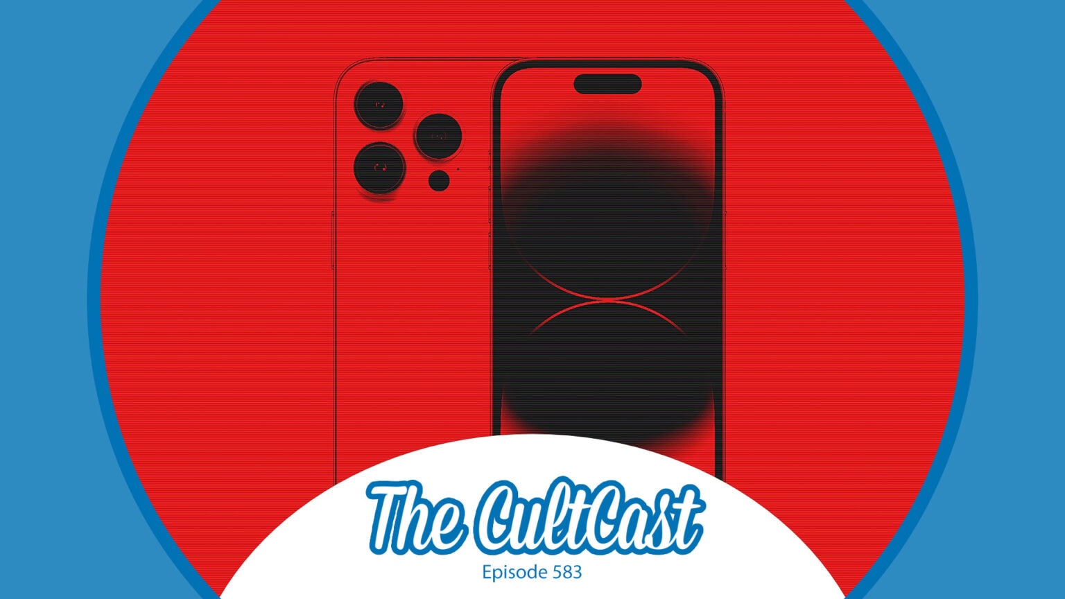 Le logo du podcast CultCast Apple avec un iPhone Pro et un fond rouge en colère.