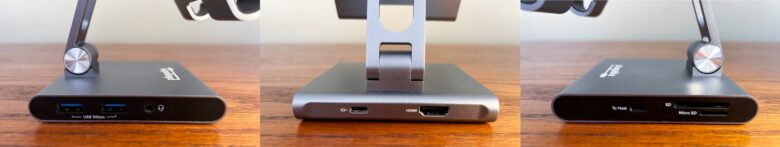 There are ports on three of the four edges of the Plugable USB-C Stand Dock 