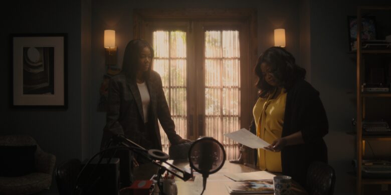 Gabrielle Union and Octavia Spencer stand at Poppy's podcasting desk in a scene from "Truth Be Told."