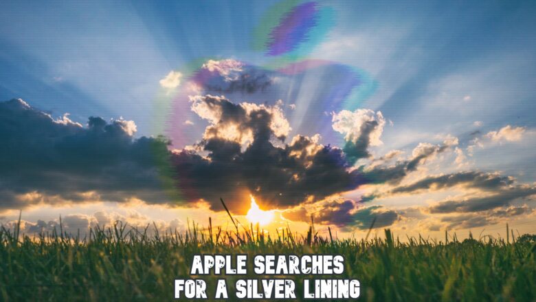 A rainbow Apple logo looms over a cloudy sky with the sun peeking through. The words "Apple searches for a silver lining" appear in the illustration pertaining to Apple's Q1 2023 earnings call.