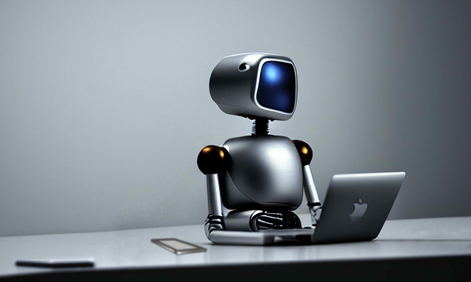 AI-generated image of a silver robot sitting at a desk with a MacBook Pro and iPhone