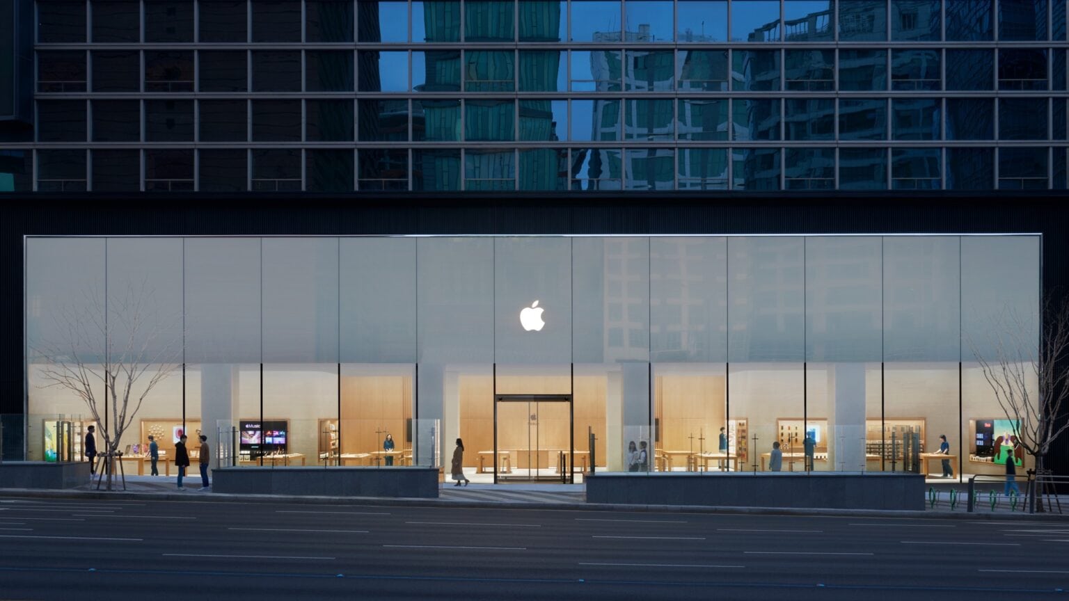 The distinctive glass facade of the new Apple Gangnam store in Seoul, South Korea.