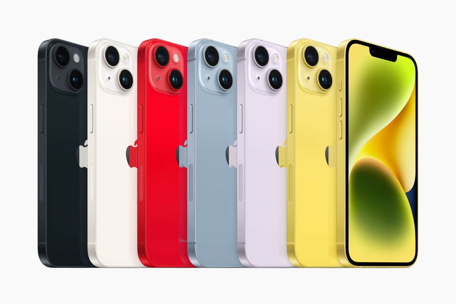 iPhone 14 lineup colors: You can't miss the yellow one on the right. The others are midnight, starlight, Product (Red), blue and purple.
