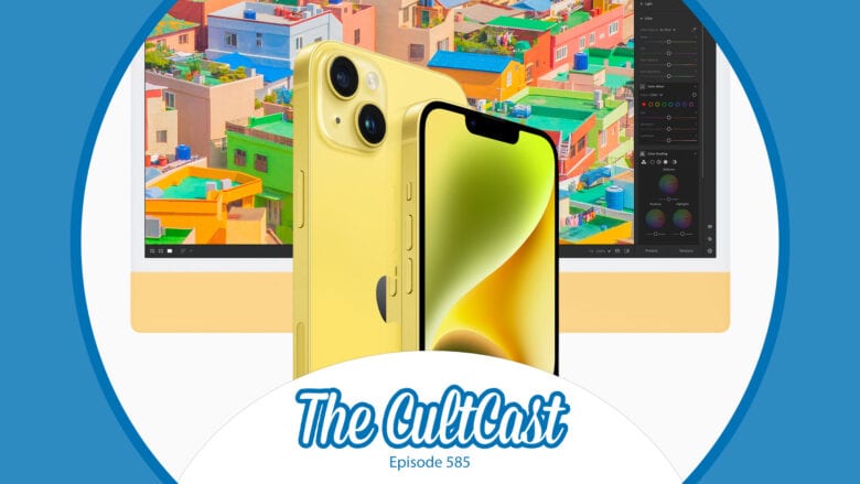 A yellow iPhone 14 and a yellow iMac, along with the logo of Cult of Mac's Apple-oriented podcast, "The CultCast."