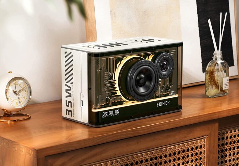 The new speaker sets the mood with lighting framed in a white or black cabinet.