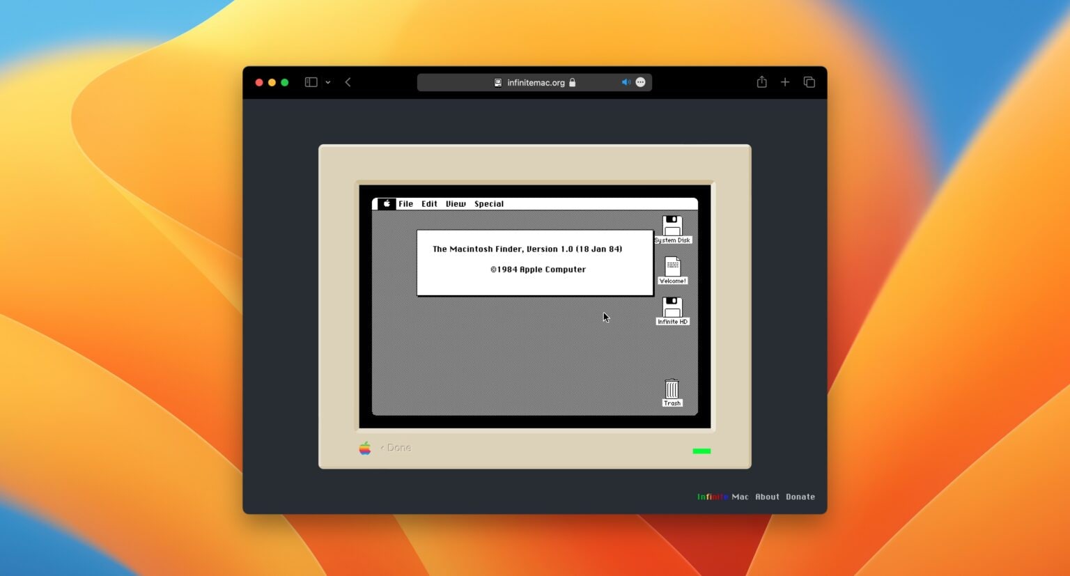 Infinite Mac running Macintosh System 1.0 in Safari on macOS Ventura