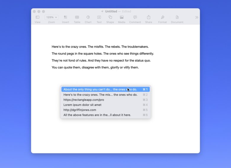 Maccy Using Maccy to paste text into a Pages document