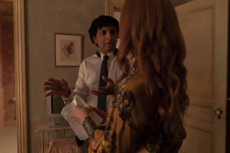 Director M. Night Shyamalan and Lauren Ambrose on the set of “Servant,” now streaming on Apple TV+.